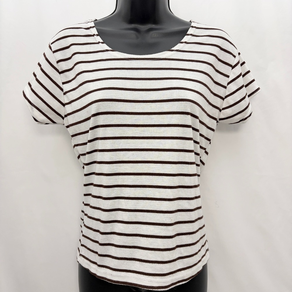 Vintage Chic T-Shirt Striped Brown and White Scoop Neck Size Small